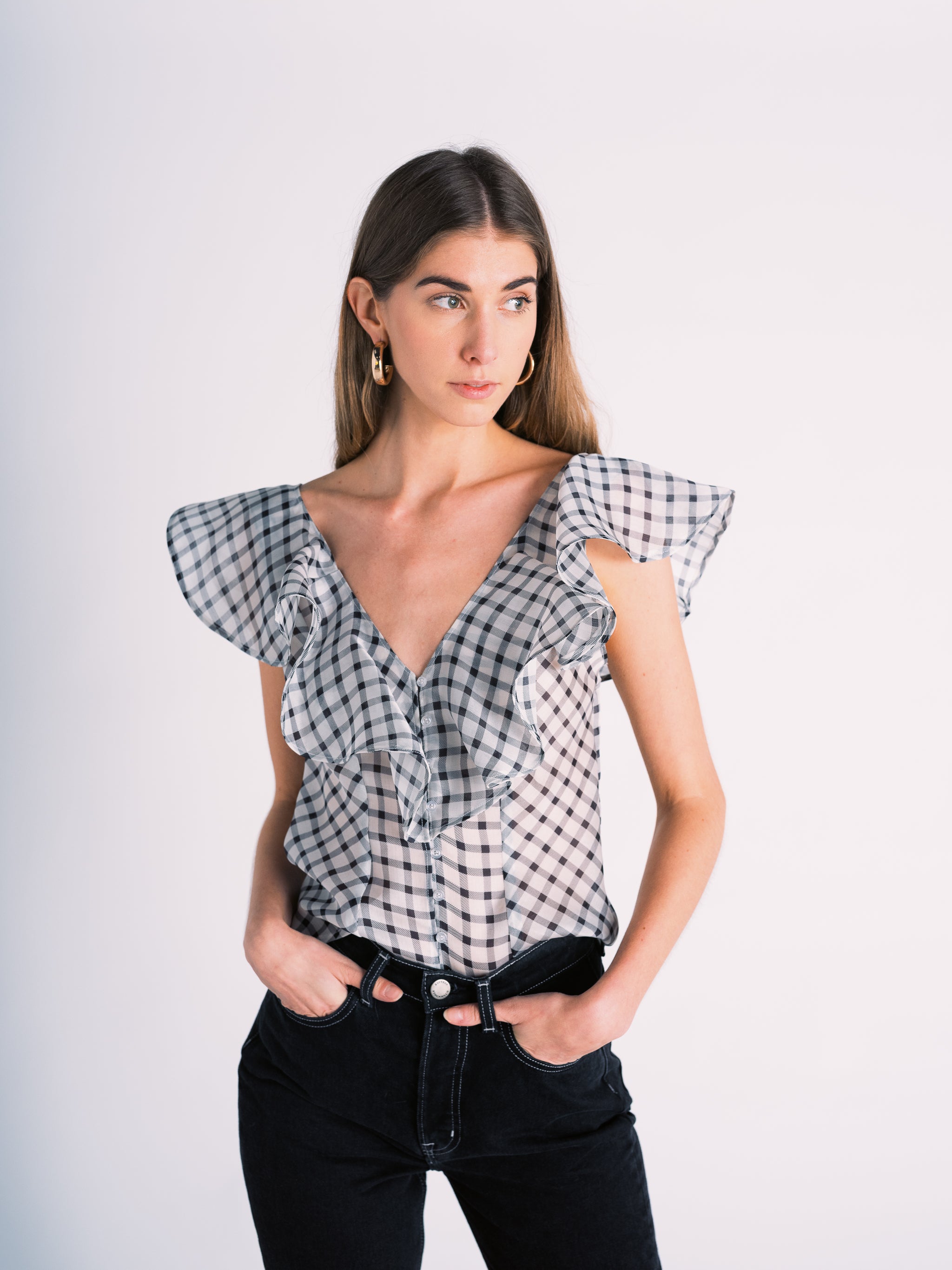 Silk Ruffle Blouse in Black and White Plaid
