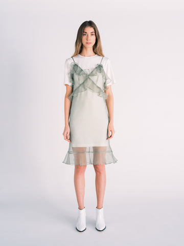 Ruched Sleeve Deep-V Midi Dress in Eggshell