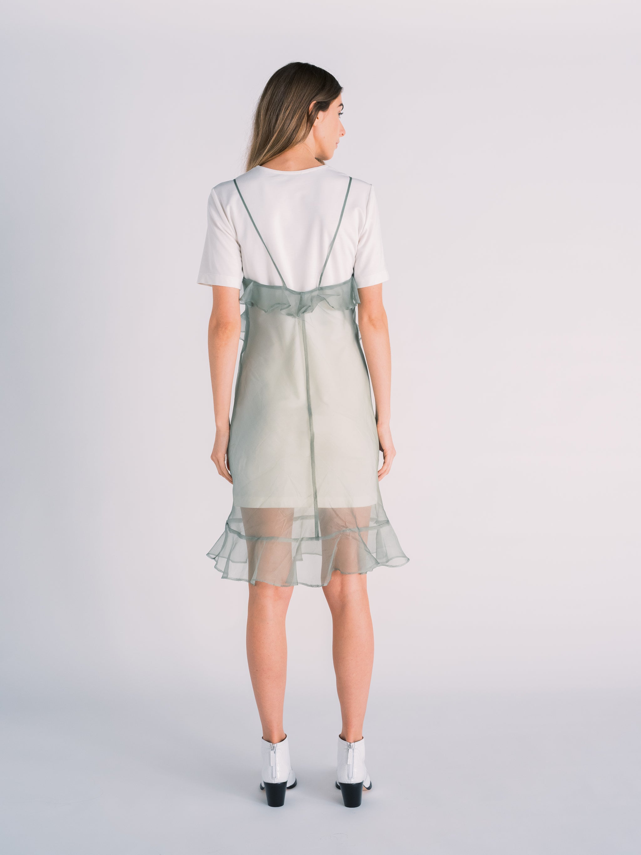 Silk Ruffle Slip Dress in Sage Green