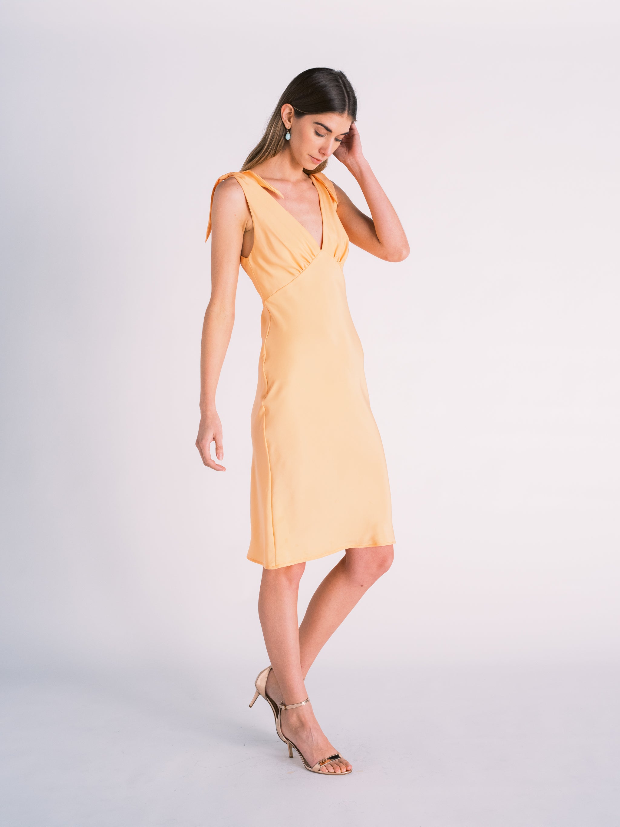Silk Tied Shoulder Dress in Cantaloupe