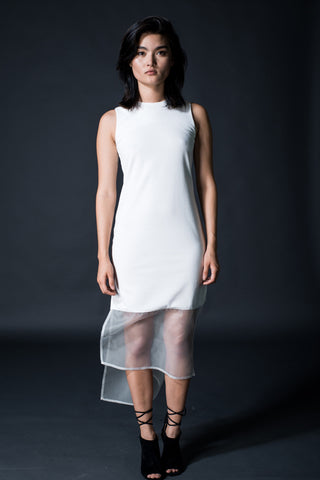 Ruched Sleeve Deep-V Midi Dress in Eggshell