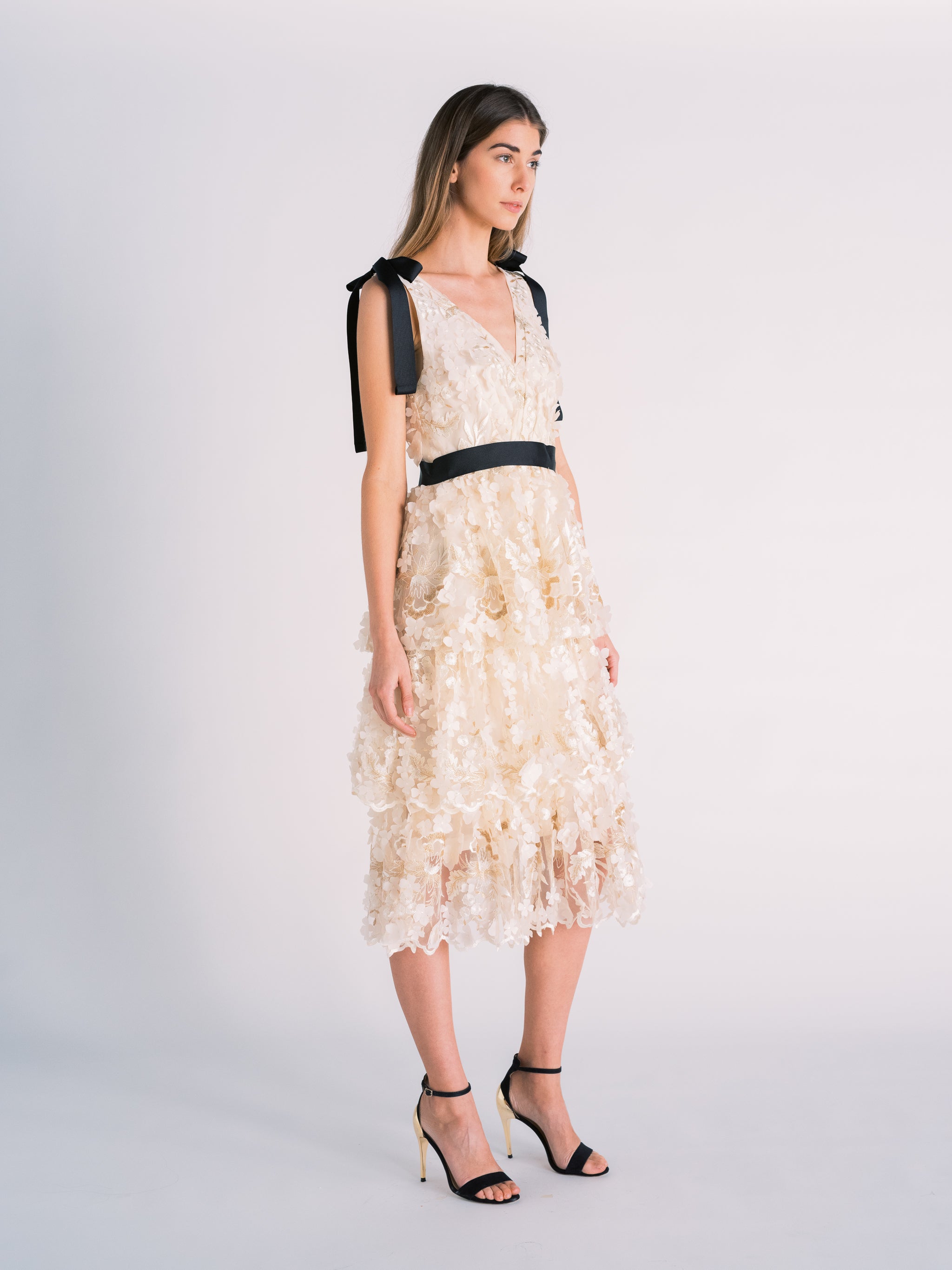 Tiered Floral Cut-out Dress in Off-white
