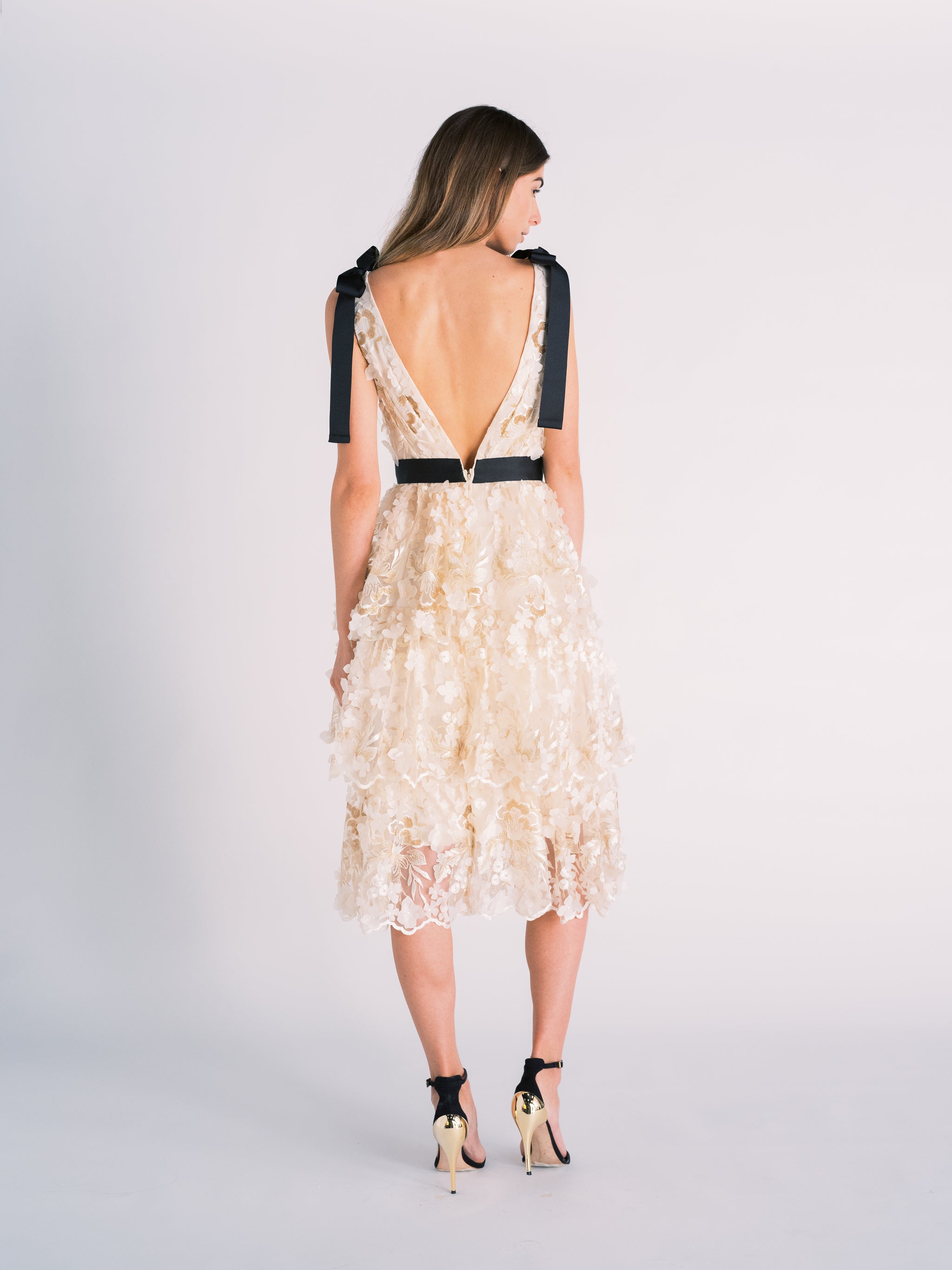 Tiered Floral Cut-out Dress in Off-white