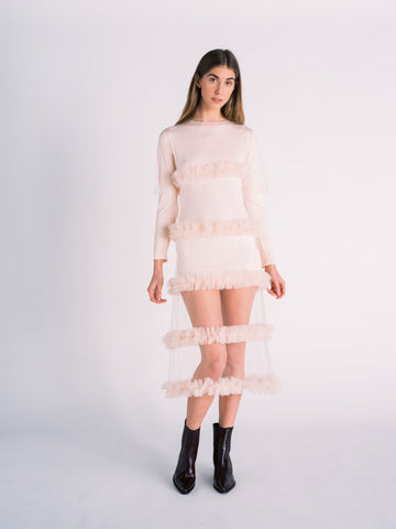 Tulle Slip Dress with Gathered Tiers in Pale Pink